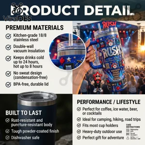 Blue Rush band themed stainless steel tumbler featuring band logos, song titles, drum kits, and a hanging star charm.!