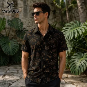 Man wearing a black short-sleeve button-down shirt featuring a gold Star Trek Starfleet insignia and starship print.!
