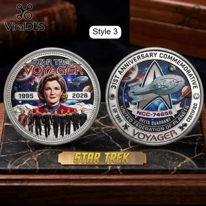 Star Trek Voyager 31st anniversary commemorative coin set featuring Captain Janeway, the crew, and the USS Voyager ship.!