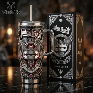 Judas Priest Metal Gods stainless steel tumbler with straw, featuring winged devil and razor blade design, plus gift box.!