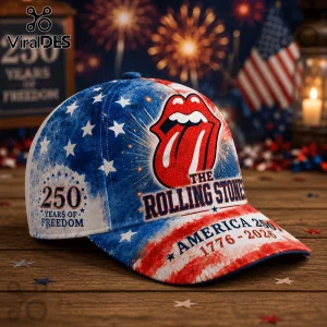 Rolling Stones baseball cap with red, white, and blue American flag pattern, fireworks, and 250 years of freedom text.!