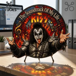 Round stained-glass art piece featuring Gene Simmons of KISS, text reading The Soundtrack Of My Life, on metal stand.!