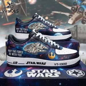 Star Wars Millennium Falcon low-top sneakers with galaxy print, white leather toe, and May The Force Be With You text.!