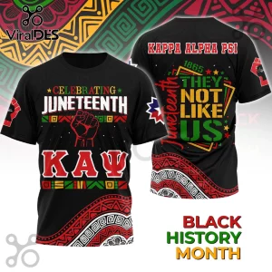 Black Kappa Alpha Psi Juneteenth t-shirt featuring a red fist, Greek letters, and pan-African geometric patterns.!