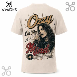 Cream-colored t-shirt featuring Ozzy Osbourne graphic with microphone, vinyl record, and text reading Ozzy On My Mind.!