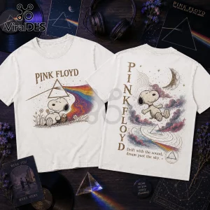 Off-white t-shirts with Pink Floyd and Snoopy graphics including prism art, rainbow spectrums, and text on a dark surface.!