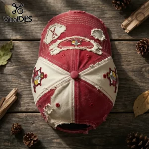 Distressed red and cream baseball cap featuring Kappa Alpha Psi Fraternity embroidery and patches on a wooden background.!