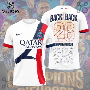 Paris Saint-Germain white jersey featuring Qatar Airways logo, red and blue paint strokes, player signatures, and 26 graphic.!