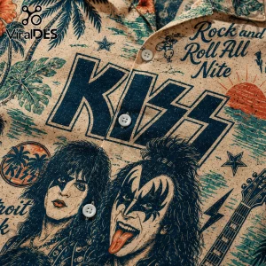 KISS band tropical shirt featuring Gene Simmons and Paul Stanley, palm trees, sun, and text reading Rock and Roll All Nite.!