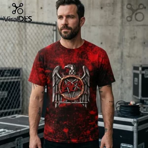 Man wearing red and black acid-wash t-shirt with Slayer eagle logo graphic print and metallic sword emblem.!