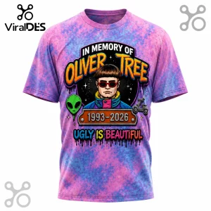 Oliver Tree t-shirt with pink and blue tie-dye pattern, featuring graphic text In Memory Of Oliver Tree and Ugly Is Beautiful.!