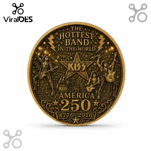 Round antique brass commemorative coin featuring the band KISS, with stars, text The Hottest Band In The World, and 250.!