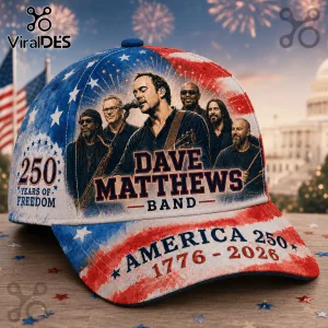 Dave Matthews Band baseball cap with red, white, and blue American flag print, text reading America 250 and 1776-2026.!