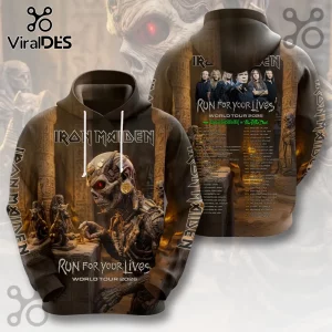 Iron Maiden Run For Your Lives 2026 tour hoodie with Eddie graphic, Egyptian tomb aesthetic, and back tour date list.!