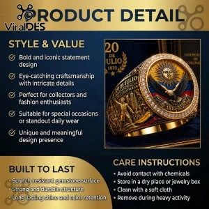 Gold Colombian independence ring featuring an eagle, sun emblem, national flag, and 20 de Julio 1810-2026 text inscription.!