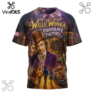 Willy Wonka and the Chocolate Factory all-over print t-shirt featuring Gene Wilder and the children in a candy landscape.!