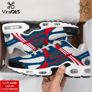 Custom Paris Saint-Germain themed sneakers in blue, red, and white with dotted patterns and PSG team crest in a shoe box.!