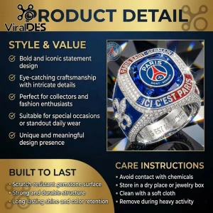 Paris Saint-Germain championship-style ring with a blue square gemstone, pave diamonds, and Ici C'est Paris text inscription.!