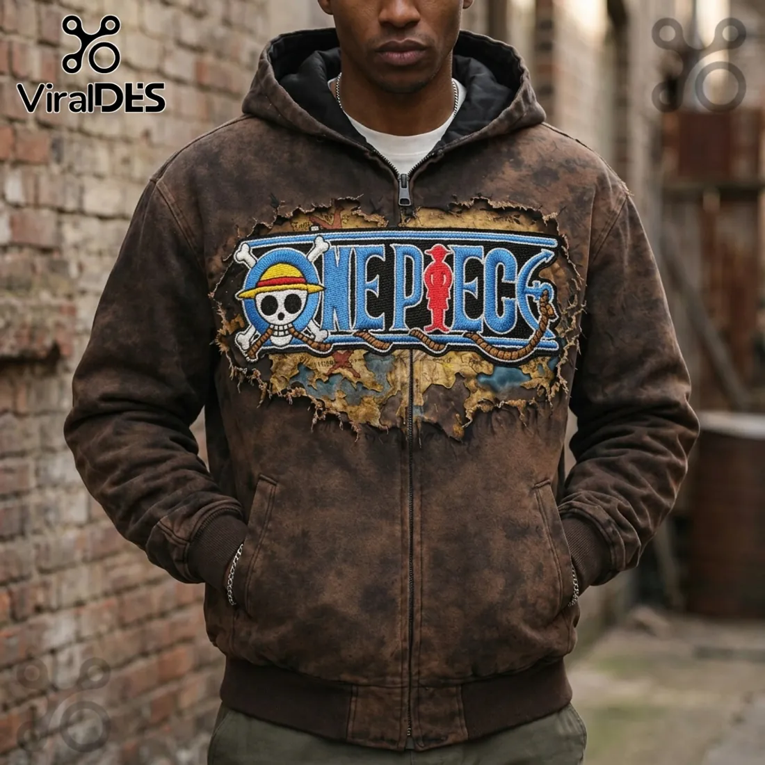 One Piece Embroidered Logo Premium Brown Hoodie One Piece Embroidered Logo Premium Brown Hoodie
