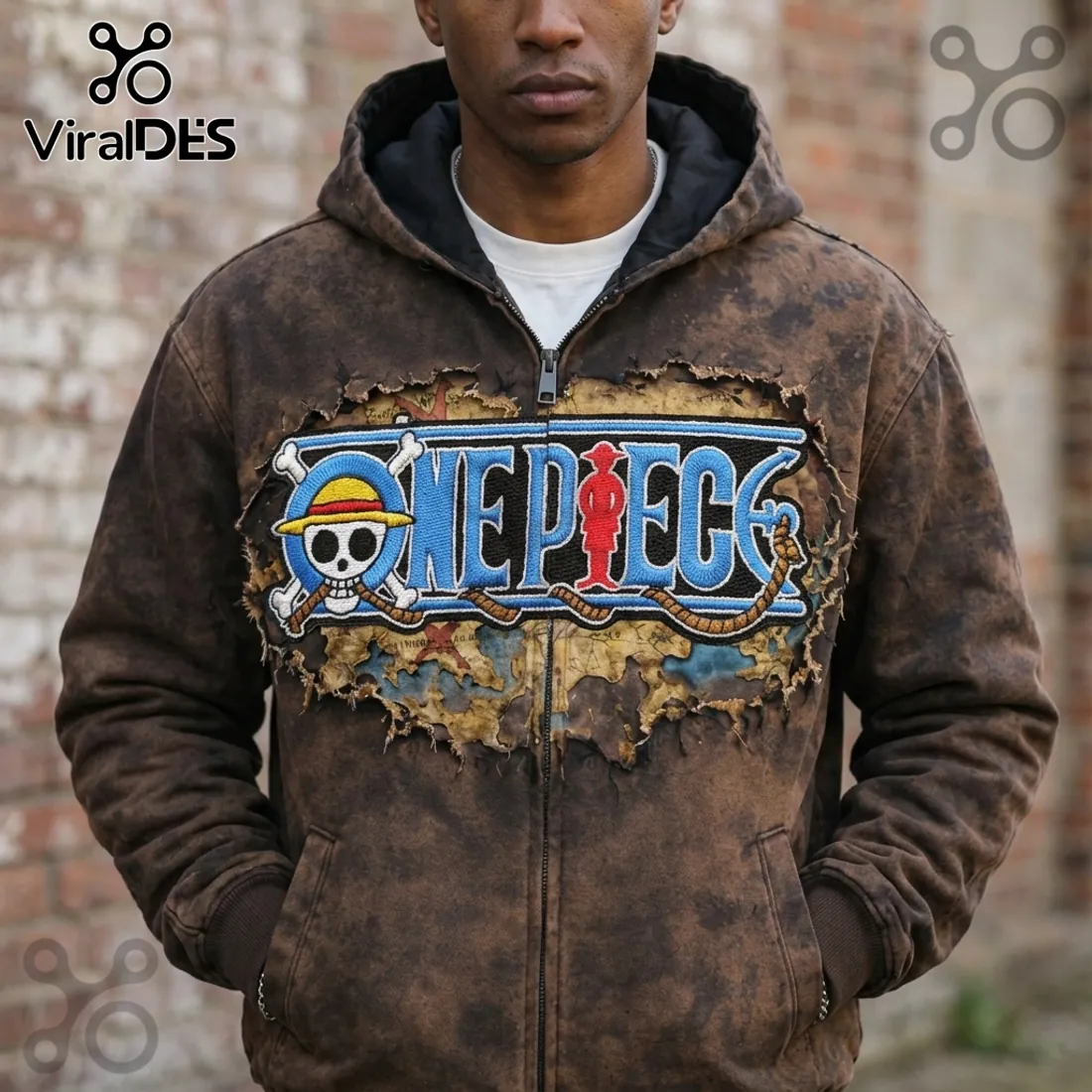 One Piece Embroidered Logo Premium Brown Hoodie One Piece Embroidered Logo Premium Brown Hoodie
