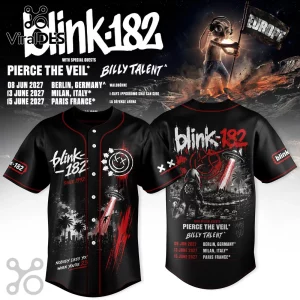Blink-182 tour baseball jersey featuring black fabric, red piping, UFO graphics, and 2027 Europe concert tour dates.!