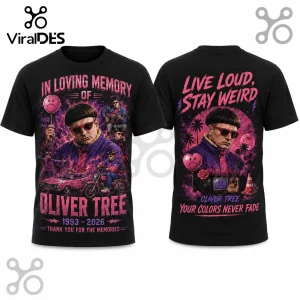 Oliver Tree graphic t-shirt featuring front and back black cotton prints with purple and pink text and psychedelic imagery.!