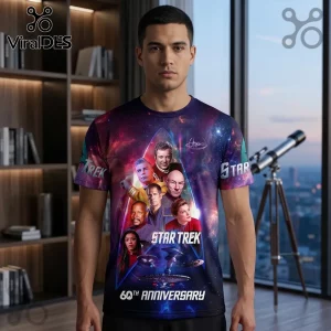 Man wearing a Star Trek 60th anniversary graphic t-shirt featuring multiple series captains on a purple galaxy background.!