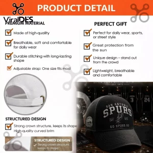 San Antonio Spurs baseball cap featuring embroidered text and logo with adjustable metal strap on a white background.!