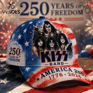 KISS band baseball cap with red, white, and blue American flag print, text 250 Years of Freedom, and 1776-2026 dates.!