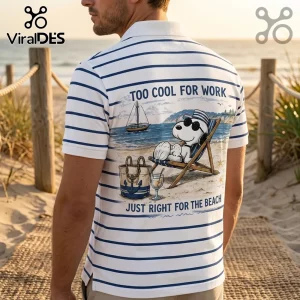 Man wearing a white polo shirt with blue stripes and a cartoon Snoopy beach graphic on the back.!