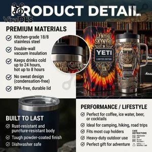 Lynyrd Skynyrd Yeti stainless steel tumbler featuring a guitar and flame design with matching branded product box.!