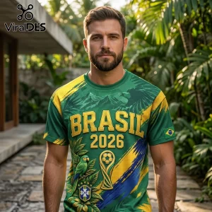 Man wearing a green and yellow Brazil 2026 soccer jersey with an embossed trophy, parrot, and CBF crest graphic design.!