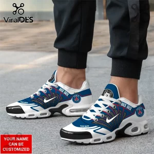 Custom Paris Saint-Germain sneakers with blue, white, and red panels, featuring the PSG club crest and text BACK BACK.!