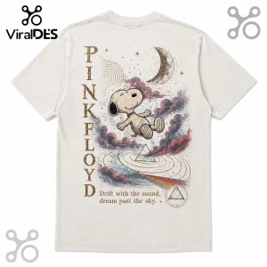 Off-white cotton t-shirt featuring Snoopy floating above a prism with Pink Floyd typography and moon illustration.!