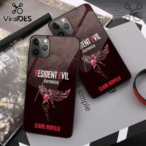 Resident Evil Code Veronica tempered glass iPhone case with red graphic of Claire Redfield against a dark background.!