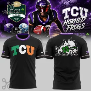 TCU Horned Frogs football t-shirt featuring Irish flag colored letters and a horned frog mascot holding a clover.!