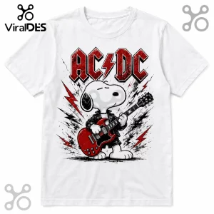 White cotton t-shirt featuring Snoopy in a leather jacket playing a red electric guitar with the AC/DC logo above.!