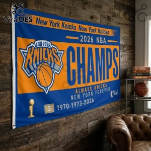 New York Knicks 2026 NBA Champions wall banner in blue and orange featuring the team logo, trophy icon, and championship years.!