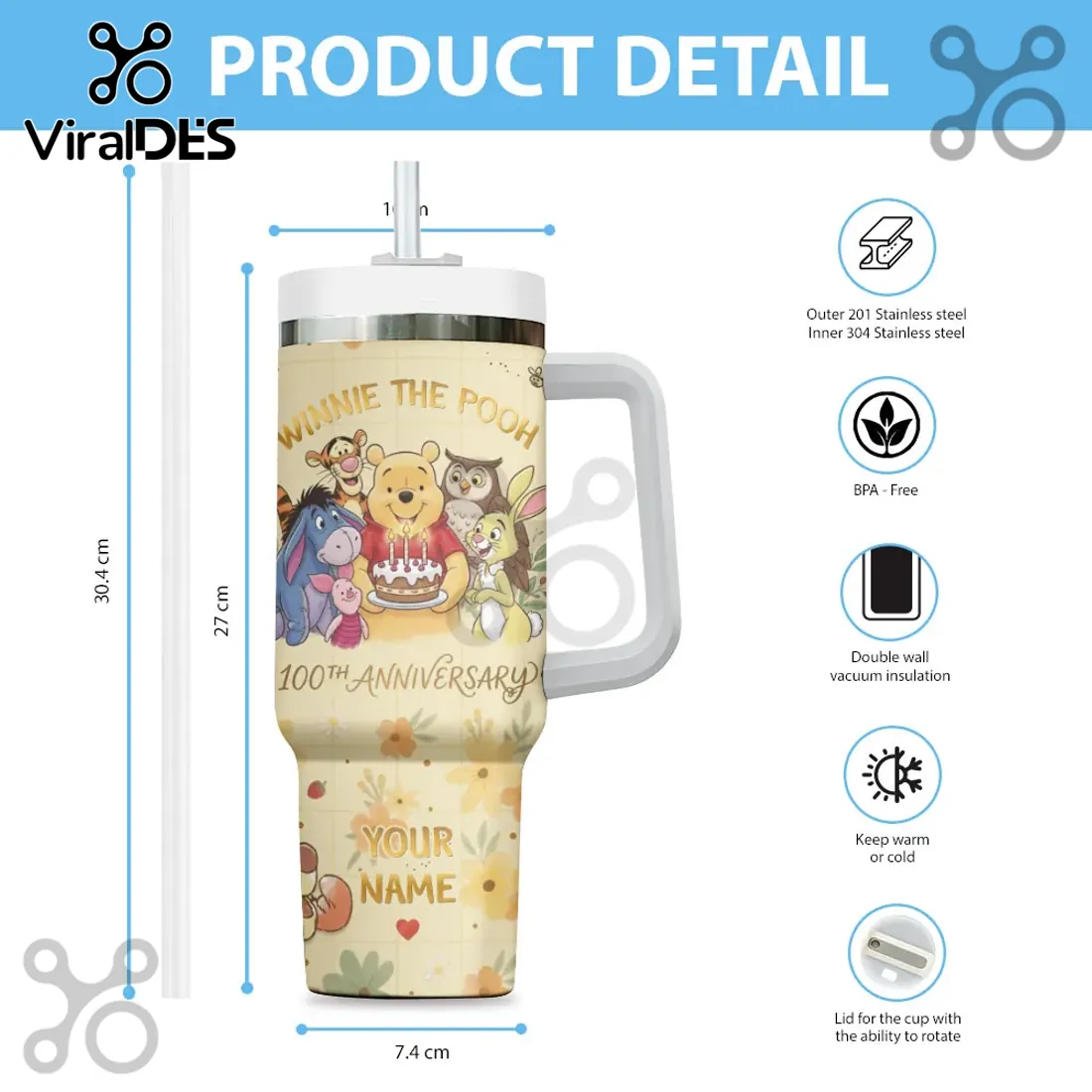 Personalized Winnie the Pooh 100th Anniversary Floral 40oz Tumbler Personalized Winnie the Pooh 100th Anniversary Floral 40oz Tumbler