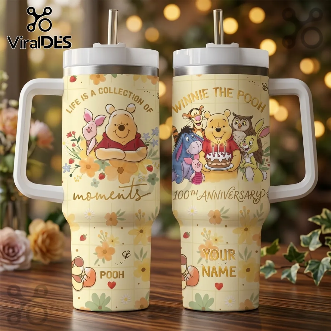 Personalized Winnie the Pooh 100th Anniversary Floral 40oz Tumbler Personalized Winnie the Pooh 100th Anniversary Floral 40oz Tumbler