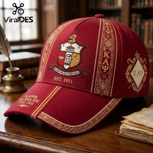 Kappa Alpha Psi crimson baseball cap with gold embroidery, featuring the fraternity crest, 1911 date, and Greek letters.!