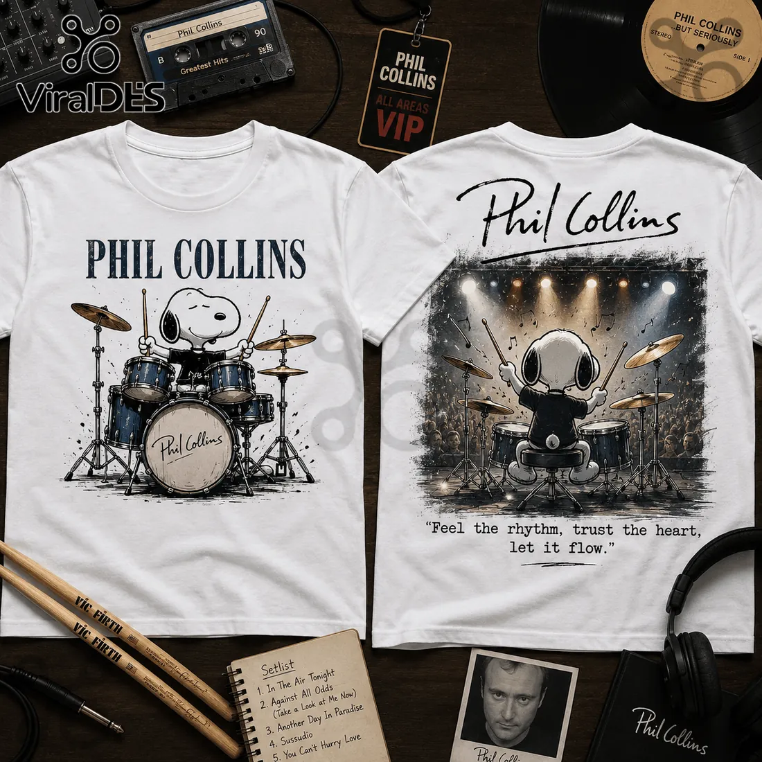 Phil Collins Snoopy Playing Drums White Cotton T-Shirt Phil Collins Snoopy Playing Drums White Cotton T-Shirt