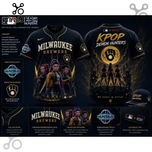 Milwaukee Brewers and KPOP Demon Hunters collaboration jersey in black with gold accents and anime character artwork.!