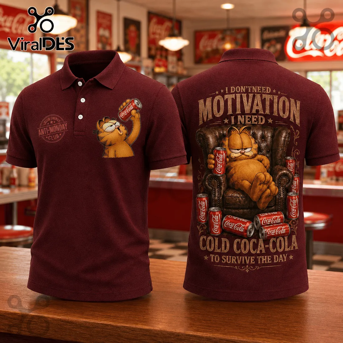 Premium Garfield x Coca-Cola Burgundy Polo Shirt Premium Garfield x Coca-Cola Burgundy Polo Shirt
