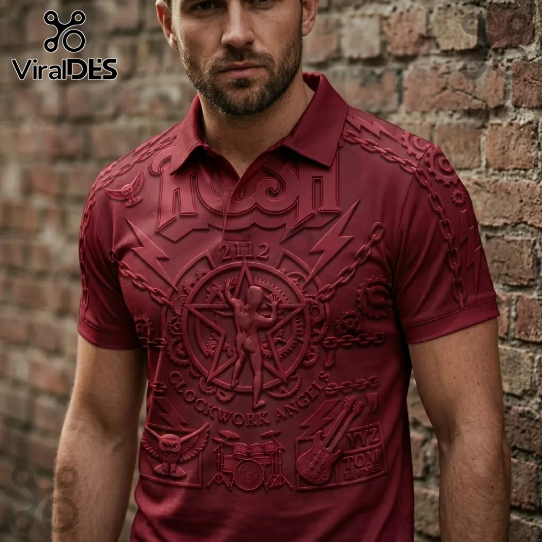 Premium Rush 2112 Embossed Red Short Sleeve Polo Shirt Premium Rush 2112 Embossed Red Short Sleeve Polo Shirt
