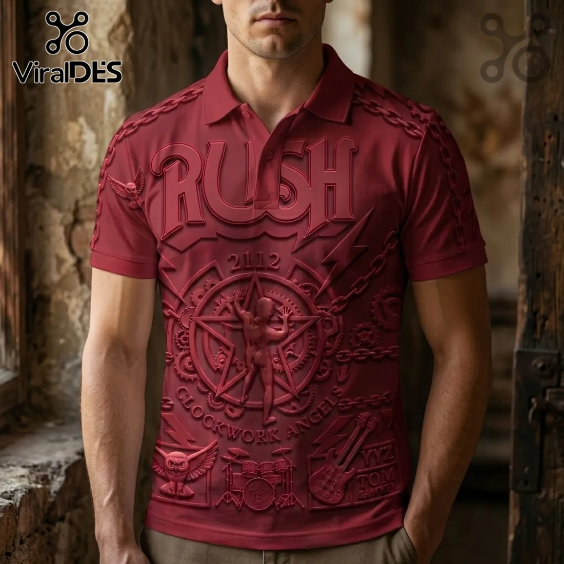 Premium Rush 2112 Embossed Red Short Sleeve Polo Shirt Premium Rush 2112 Embossed Red Short Sleeve Polo Shirt