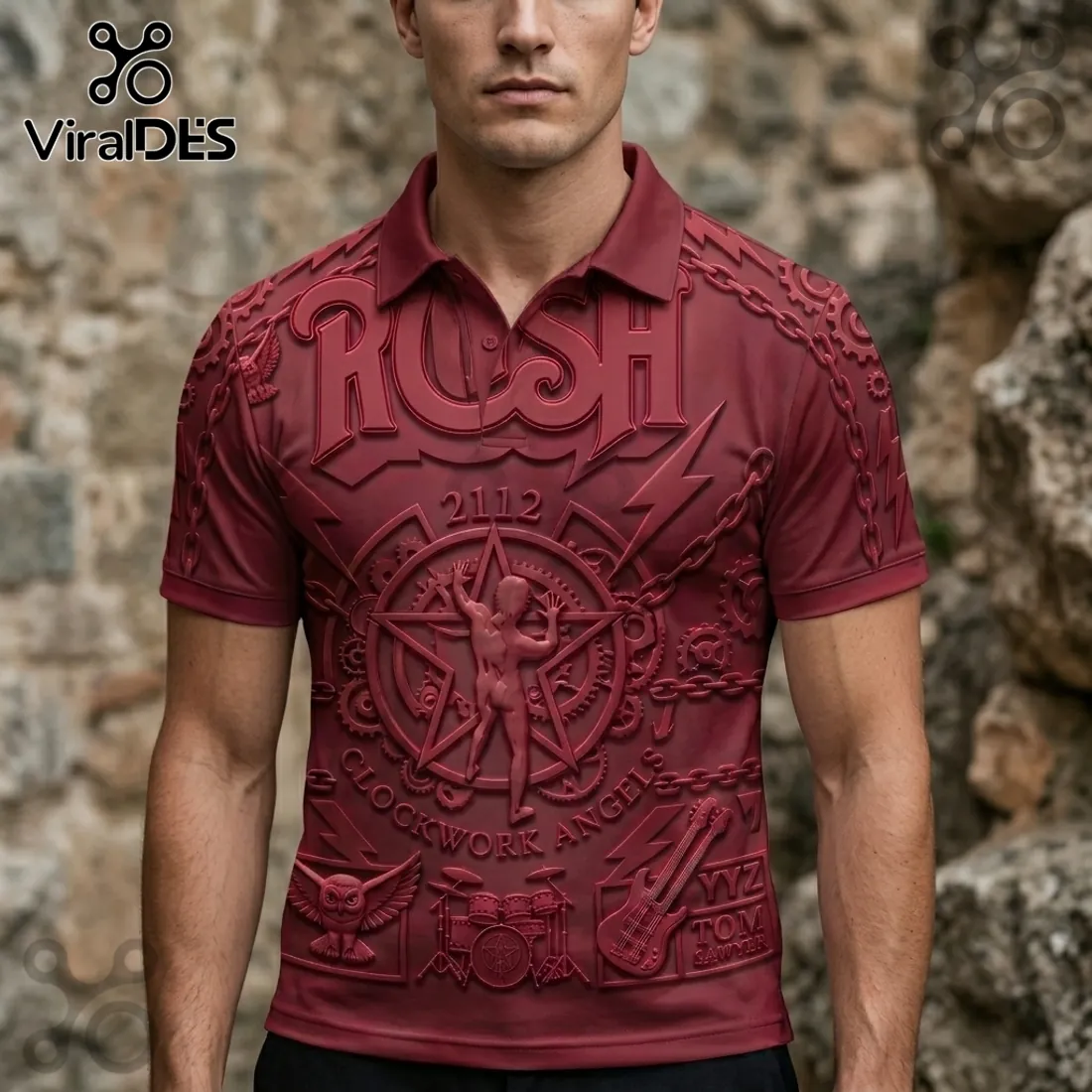 Premium Rush 2112 Embossed Red Short Sleeve Polo Shirt Premium Rush 2112 Embossed Red Short Sleeve Polo Shirt