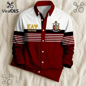 Kappa Alpha Psi long-sleeve button-down shirt with crimson and white horizontal stripes, Greek letters, and crest emblem.!