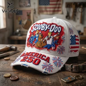 White distressed baseball cap featuring Scooby-Doo characters, American flag patches, and red America 250 embroidery.!