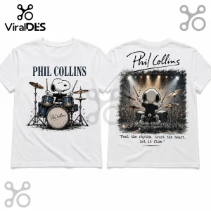 White graphic t-shirt featuring Snoopy playing drums, with text Phil Collins and a concert scene on the back.!